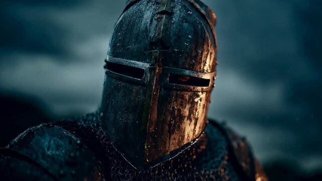 Close‑up duel of glances between armored warriors, shallow focus and stormy palette highlighting steel textures, tense pre‑battle moment suited for conflict, honor and historical narrative themes