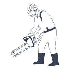 ヘルメットと防護具を付けたチェーンソーを扱う男性作業員