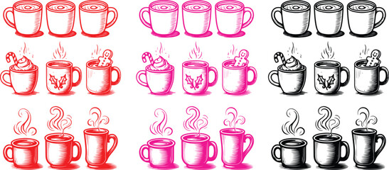 Collection of stylized coffee and tea cups in various colors and drawing styles perfect for a beverage advertisement. vector
