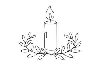 Line art illustration of a lit candle surrounded by a laurel wreath, representing memorial, spirituality, and light