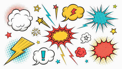 colorful comic action icon set speech bubbles