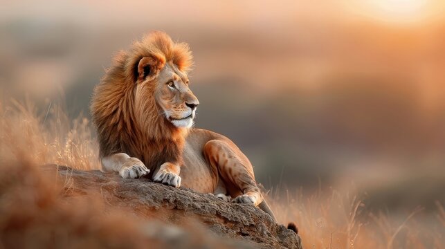 A majestic lion rests peacefully on a rock in the setting sun. - Powered by Adobe