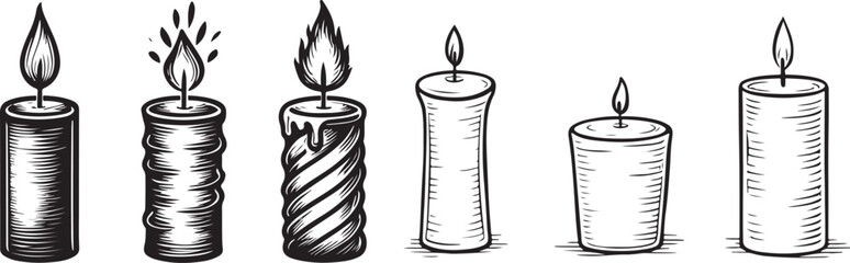 Set of six hand-drawn sketch style candles burning with flames creating atmosphere light and warmth for decoration vector