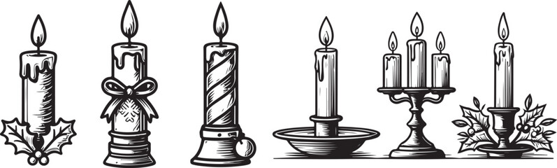 Collection of vintage christmas candles and candelabra decorated with holly and ribbon festive holidays warm glow vector