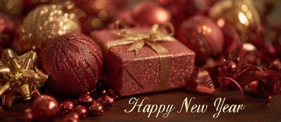 Red christmas ornaments and gift with happy new year text, banner