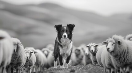 Naklejka premium A Border Collie herds sheep through a mountain pass.