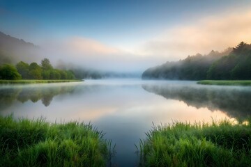 Fototapeta premium A serene lake in a valley with morning fog lifting gently