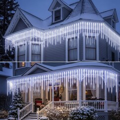 Festive Homes Icicle Lights Adorned for Winter Holidays.