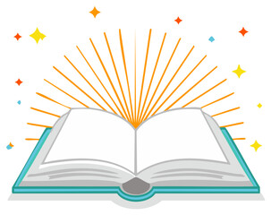 Open book with radiating light and stars illustration symbolizing knowledge and inspiration