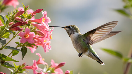 Fototapeta premium Hummingbird feeding on pink flowers close up