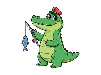 Cute crocodile cartoon vector icon illustration. Wearing a hat. Catching fish