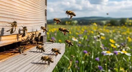 Swarm of Bees Flying Near Hive
