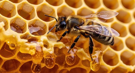 Bee and Honey Dripping from Comb
