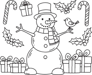 Charming hand-drawn winter holiday scene featuring a friendly snowman surrounded by gifts and festive decorations vector
