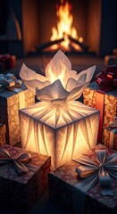 Glowing Christmas Gifts by the Fireplace A Warm Holiday Scene.