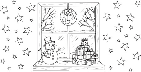Festive snowman and gifts window scene with falling snow stars holiday season celebration art vector