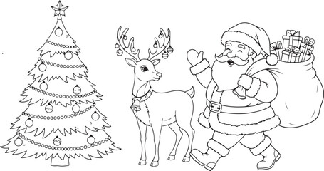 Joyful santa claus and reindeer with decorated christmas tree outline drawing for coloring fun vector
