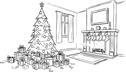 Cozy christmas scene festive decorated tree presents fireplace cozy room line drawing holiday atmosphere vector