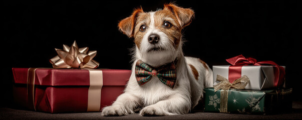 Christmas pet lovers enjoy festive moments with small dog wearing bow tie surrounded by wrapped gift boxes in dark setting