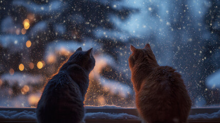 Two cats watch snow falling outside window creating magical Christmas scene for pet lovers enjoying winter peaceful beauty