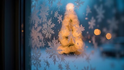 Frosty window with ice patterns and blurred Christmas lights outsider.