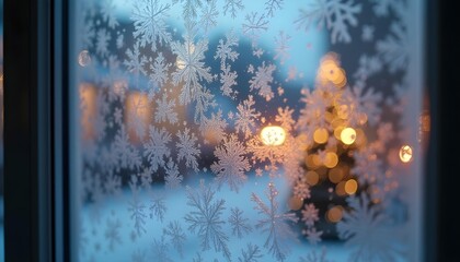 Frosty window with ice patterns and blurred Christmas lights outsider.