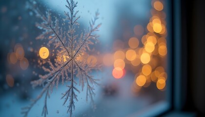 Frosty window with ice patterns and blurred Christmas lights outsider.