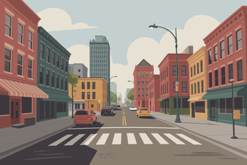 Fototapeta premium Urban street scene with colorful buildings and cars on a cloudy day