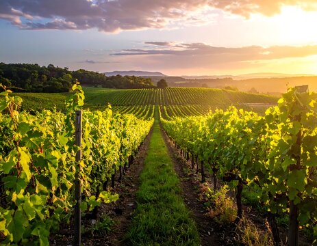Lush vineyard rows at sunset with warm sunlight and rolling hills
