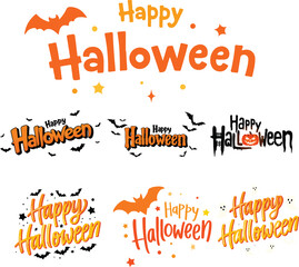 Pack Of Happy halloween text designs featuring bats pumpkins and spooky elements for festive celebrations vector
