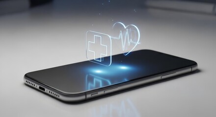 A smartphone displaying holographic health icons, representing digital healthcare technology.