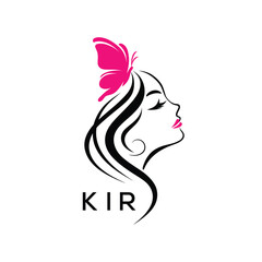 KIR Elegant Beauty Woman Logo. KIR with Butterfly Feminine Salon & Spa Branding. KIR Luxury Beauty Icon Design.
