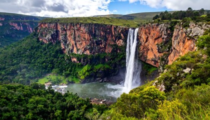 Dramatic waterfall cascades down a high, rocky cliff face surrounded by lush green vegetation under a partly cloudy sky