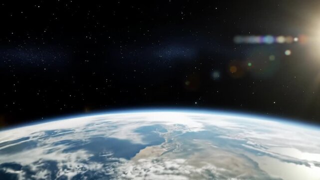 Majestic sun rises behind Earth in aerial orbital video, illuminating blue atmosphere, white clouds, and landmasses from deep cosmos with lens flares, an awe-inspiring space epic.