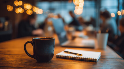 A coffee mug, notepad, and pen with coworkers using laptops