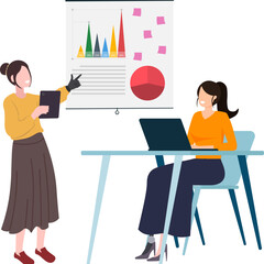 Professional business presentation of two young women explaining financial charts and analysis data in a modern office using laptops and colorful presentation boards for successful marketing strategie