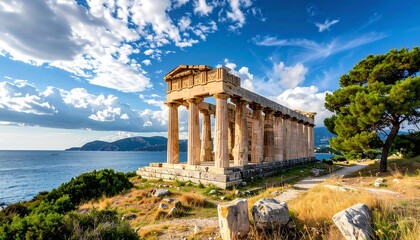 Ancient temple ruins stand on a cliff overlooking a blue sea under a bright sky with scattered clouds
