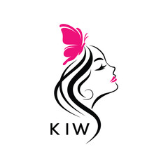 KIW Elegant Beauty Woman Logo. KIW with Butterfly Feminine Salon & Spa Branding. KIW Luxury Beauty Icon Design.
