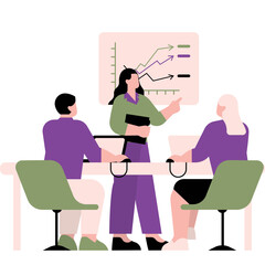Presentation of business growth report in modern meeting room by professional team using laptop and rising graph depicting development strategy and company performance improvement