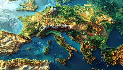 Europe map, topographical view. Showing mountains, coasts, terrain in shades of green, brown, blue, and snow-capped peaks