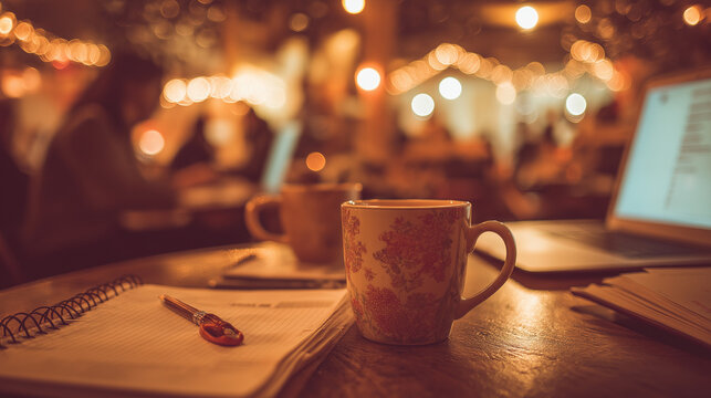 A coffee mug, notepad, and pen with coworkers using laptops
