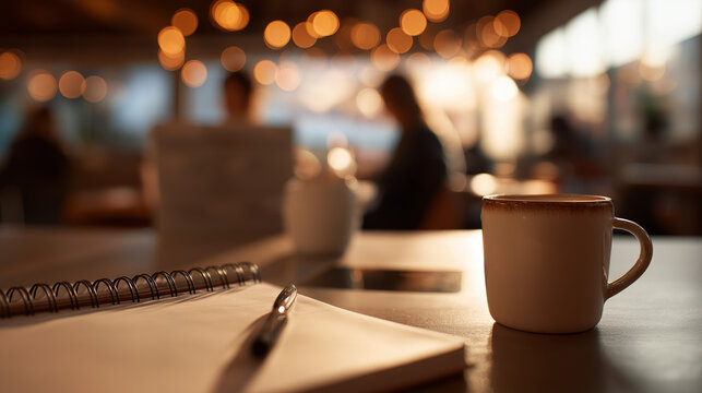 A coffee mug, notepad, and pen with coworkers using laptops