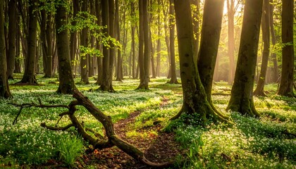 Forest scene with sunlit leaves, flower meadow, and fallen branch across the path on the forest floor