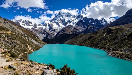 Aqua lake reflects snowy peaks amid verdant slopes, sky dotted with white clouds