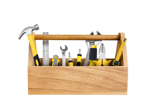 Wooden Toolbox with Hand Tools on transparent background png