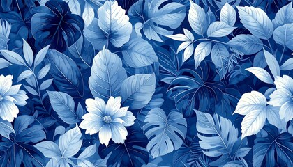 Blue floral pattern featuring dense foliage, textured leaves, and blossoms creating an immersive botanical backdrop