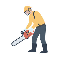 ヘルメットと防護具を付けたチェーンソーを扱う男性作業員