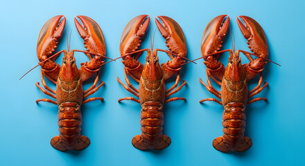 Three lobsters aligned symmetrically on blue background