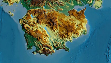 Cambodia terrain brown hills, green lowlands, blue lakes and sea. Elevation map displays mountainous region