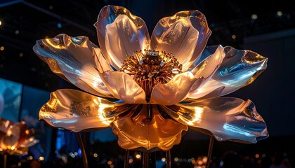 Metallic lotus flower sculpture with copper and silvery-blue petals glowing against dark background for editorial art photography nature-inspired design and poetic craftsmanship-themed visuals